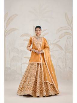 Shyam Narayan Prasad - Gota Embroidered Dark Gold Kurti with Lehenga, Dupatta