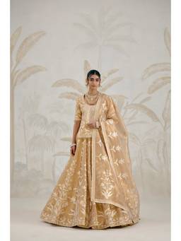 Shyam Narayan Prasad - Gota Embroidered Scoop-Neck Gold Kurti with Lehenga, Dupatta