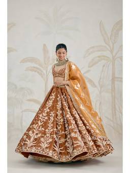 Shyam Narayan Prasad - Gota Embroidered Coffee-Brown Bustier with Lehenga, Dupatta