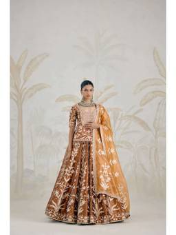 Shyam Narayan Prasad - Gota Embroidered Coffee-Brown Kurti with Lehenga, Dupatta