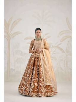 Shyam Narayan Prasad - Gota Embroidered Scoop-Neck Coffee-Brown Kurti with Lehenga, Dupatta