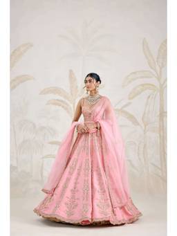 Shyam Narayan Prasad - Zardozi Embroidered Pink Bustier with Lehenga, Dupatta and Belt