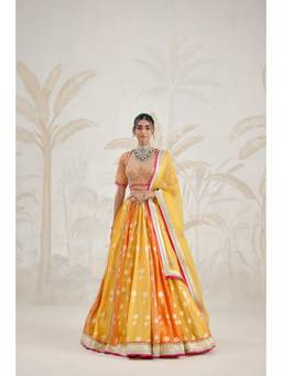 Shyam Narayan Prasad - Zardozi Embroidered Yellow Blouse with Lehenga, Dupatta