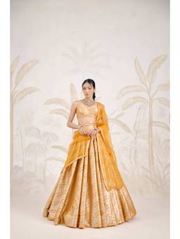Shyam Narayan Prasad - Zardozi Embroidered Mustard Bustier with Lehenga, Dupatta and Belt