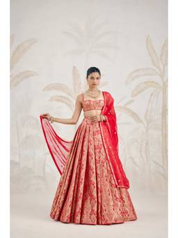 Shyam Narayan Prasad - Zardozi Embroidered Red Bustier with Lehenga, Dupatta and Belt