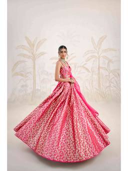 Shyam Narayan Prasad - Zardozi Embroidered Pink Bustier with Lehenga, Dupatta and Belt