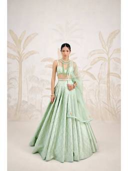Shyam Narayan Prasad - Zardozi Embroidered Green Bustier with Lehenga, Dupatta and Belt