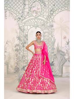 Shyam Narayan Prasad - Zari Embroidered Pink Bustier with Lehenga, Dupatta and Belt