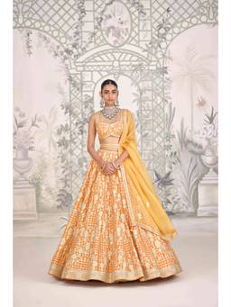 Shyam Narayan Prasad - Zari Embroidered Orange Bustier with Lehenga, Dupatta and Belt