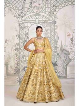 Shyam Narayan Prasad - Zari Embroidered Yellow Bustier with Lehenga, Dupatta and Belt