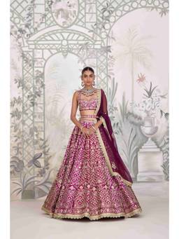 Shyam Narayan Prasad - Zari Dori Embroidered Maroon Bustier with Lehenga, Dupatta and Belt