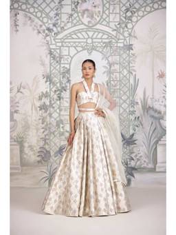 Shyam Narayan Prasad - Zardozi Embroidered White Bustier with Lehenga, Dupatta and Belt