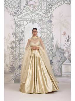 Shyam Narayan Prasad - Zardozi Embroidered Gold Blouse with Lehenga, Dupatta and Belt