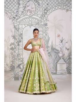 Shyam Narayan Prasad - Thread Embroidered Green Bustier with Lehenga, Dupatta