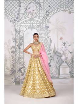 Shyam Narayan Prasad - Thread Embroidered Yellow Bustier with Lehenga, Dupatta and Belt
