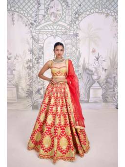 Shyam Narayan Prasad - Thread Embroidered Red Bustier with Lehenga, Dupatta and Belt