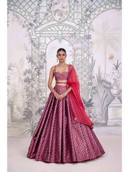 Shyam Narayan Prasad - Zardozi Embroidered Coral Blouse with Lehenga, Dupatta and Belt