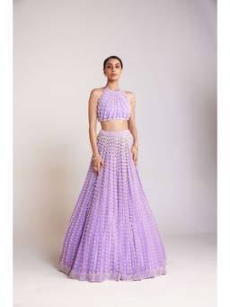 Vvani by Vani Vats - Chandelier Pearl Halter Neck Crop Lavender Blouse with Lehenga