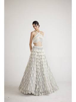 Vvani by Vani Vats - Chandelier Pearl Drop Grey Blouse with Lehenga