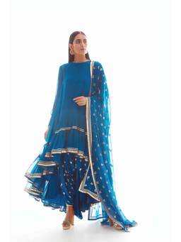 Vvani by Vani Vats - Peacock Blue High Low Kurta Dhoti with Dupatta and Inner