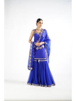 Vvani by Vani Vats - Royal Blue Georgette Kurta with Sharara and Dupatta
