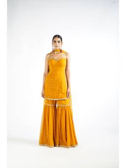 Vvani by Vani Vats - Mustard Georgette Kurta with Sharara and Dupatta
