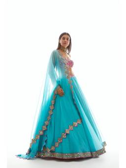 Vvani by Vani Vats - Applique Blue Blouse with Lehenga and Dupatta