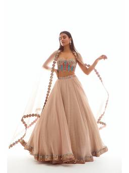 Vvani by Vani Vats - Applique Corset Beige Blouse with Lehenga and Dupatta