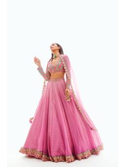 Vvani by Vani Vats - Applique Organza Pink Blouse with Lehenga and Dupatta