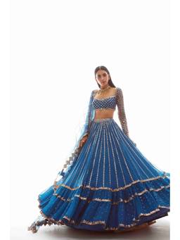 Vvani by Vani Vats - Linear Drop Blue Blouse with Lehenga and Dupatta