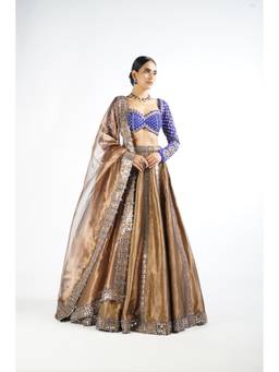 Vvani by Vani Vats - Copper Shimmer Organza Blue Blouse with Lehenga and Dupatta