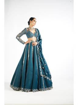 Vvani by Vani Vats - Flower Linear Teal Blouse with Lehenga and Dupatta