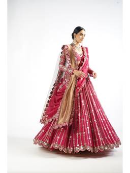 Vvani by Vani Vats - Small Flower Linear Wine Blouse with Lehenga and Two Dupattas