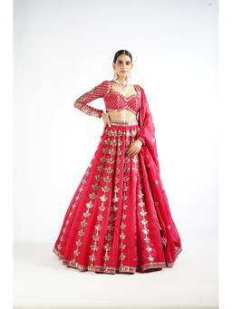 Vvani by Vani Vats - Chandelier Drop Red Blouse with Lehenga and Dupatta