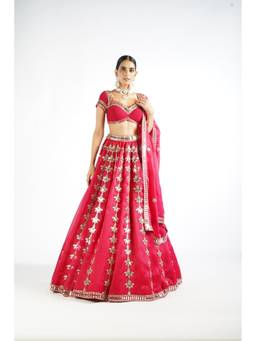 Vvani by Vani Vats - Chandelier Drop Half-Sleeve Red Blouse with Lehenga and Dupatta