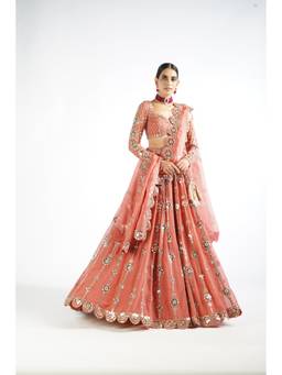 Vvani by Vani Vats - Big Flower Linear Rose Blouse with Lehenga and Dupatta