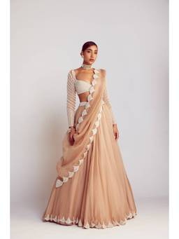 Vvani by Vani Vats - Pearl Chandelier Drop Organza Beige Blouse with Lehenga and Dupatta