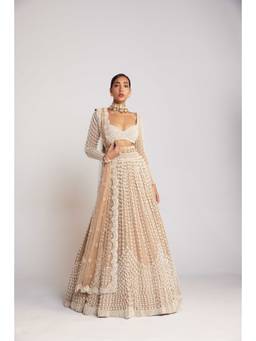 Vvani by Vani Vats - Chandelier Pearl Beige Blouse with Lehenga and Dupatta