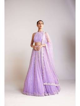 Vvani by Vani Vats - Chandelier Pearl Halter Neck Lavender Blouse with Lehenga and Dupatta