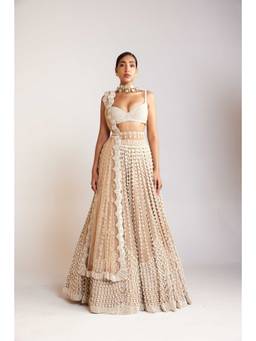 Vvani by Vani Vats - Chandelier Pearl Sweetheart Neck Beige Blouse with Lehenga and Dupatta