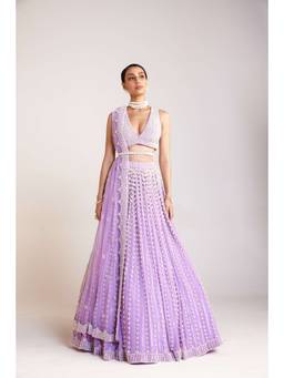 Vvani by Vani Vats - V Neck Pearl Chandelier Lavender Blouse with Lehenga and Dupatta