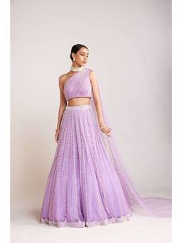 Vvani by Vani Vats - One Shoulder Lavender Blouse with Lehenga and Dupatta
