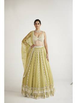 Vvani by Vani Vats - Chandelier Pearl Drop Green Blouse with Lehenga and Dupatta