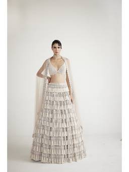 Vvani by Vani Vats - Chandelier Pearl Drop Pink Blouse with Lehenga and Dupatta