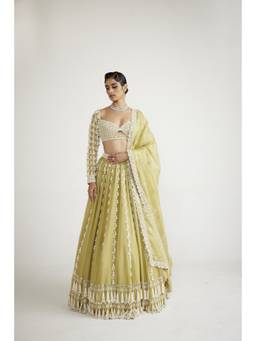 Vvani by Vani Vats - Chandelier Pearl Drop Full Sleeve Green Blouse with Lehenga and Dupatta