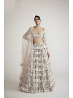 Vvani by Vani Vats - Chandelier Pearl Drop Full Sleeve Pink Blouse with Lehenga and Dupatta