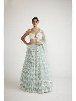 Vvani by Vani Vats - Chandelier Pearl Drop Blue Blouse with Lehenga and Dupatta