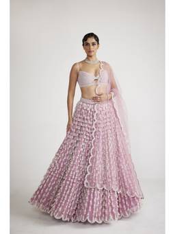 Vvani by Vani Vats - Chandelier Pearl Drop Pink Blouse with Lehenga and Dupatta