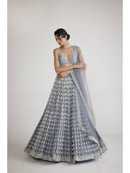 Vvani by Vani Vats - Chandelier Pearl Drop Grey Blouse with Lehenga and Dupatta