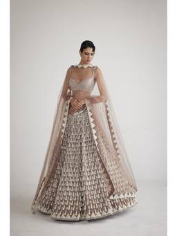 Vvani by Vani Vats - Chandelier Pearl Drop Beige Blouse with Lehenga and Dupatta
